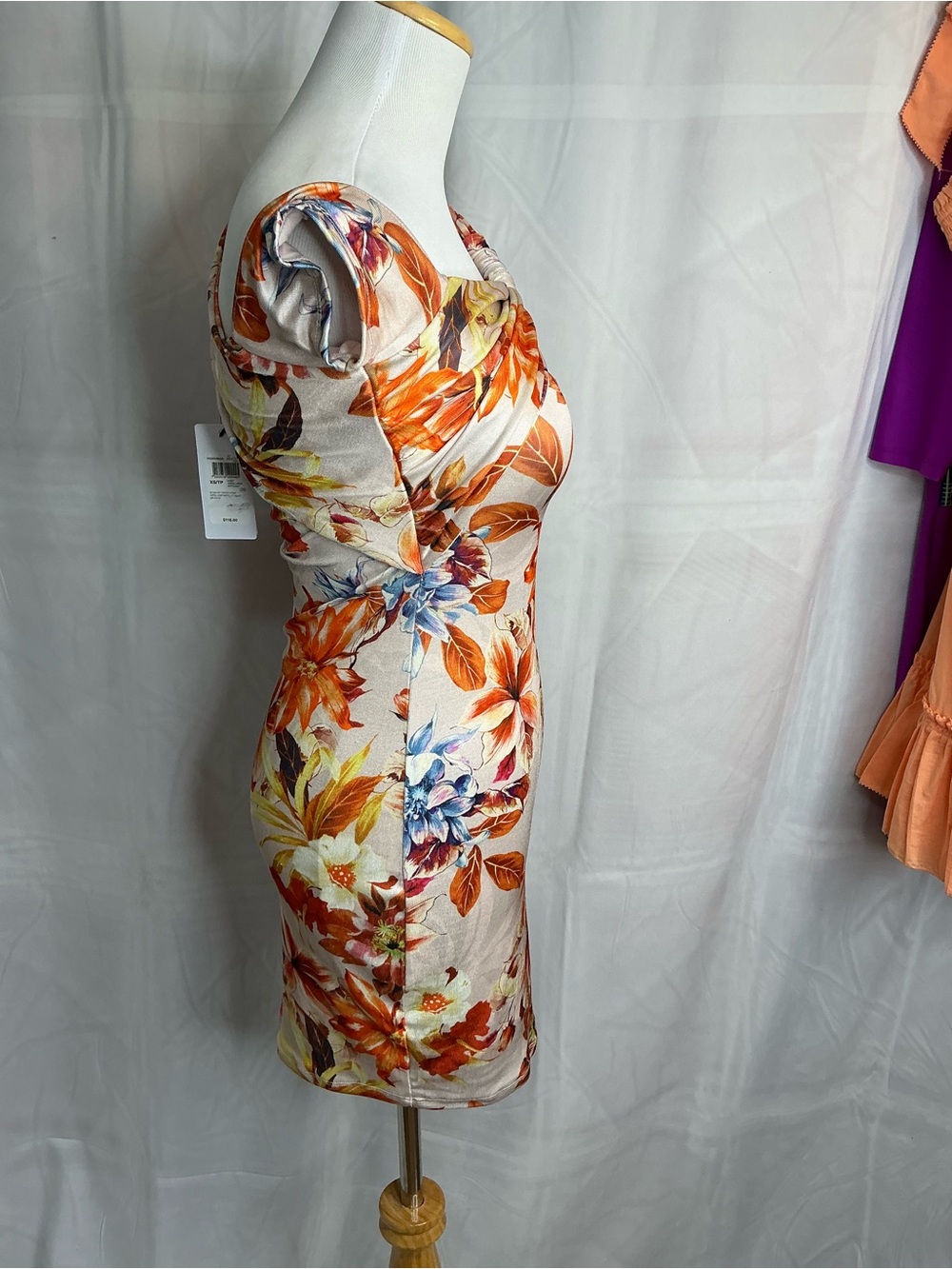 2334 - Guess Orange Floral Twist-Neck Mini Dress - Picture 2 of 13